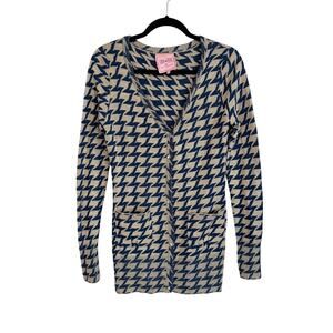 Edith Ella Cardigan Sweater Womens S Tan Blue V-Neck Zigzag Winter Button Front